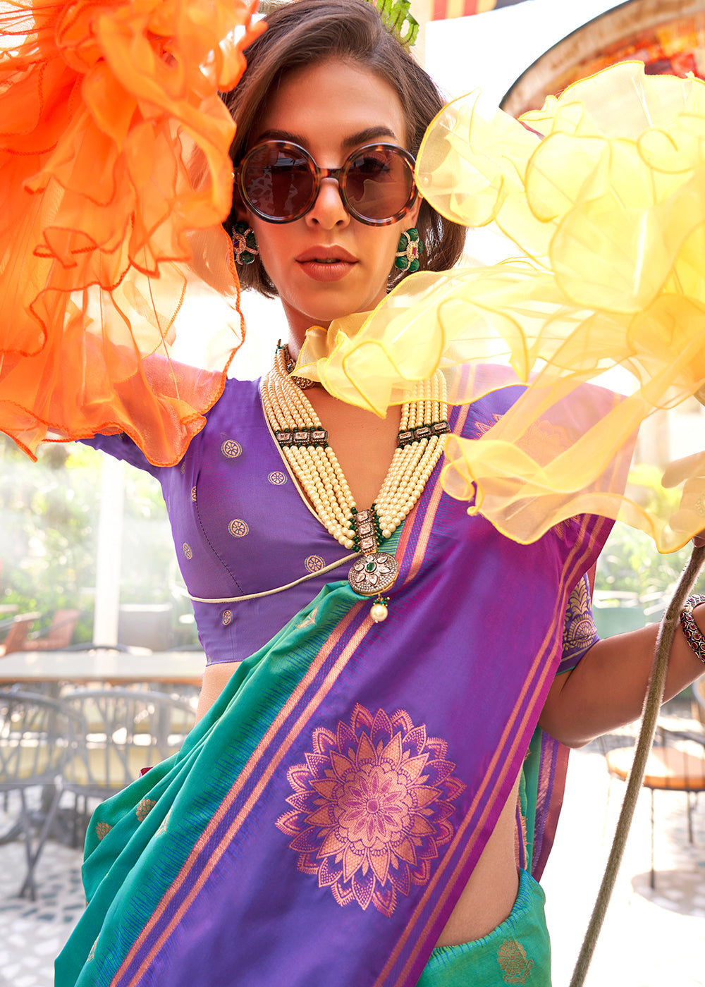 Green & Purple Handloom Woven katan Silk Saree - qivii