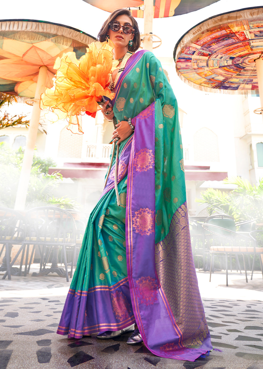 Green & Purple Handloom Woven katan Silk Saree - qivii