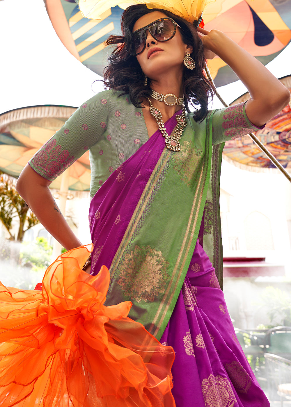 Magenta Pink & Green Handloom Woven katan Silk Saree - qivii