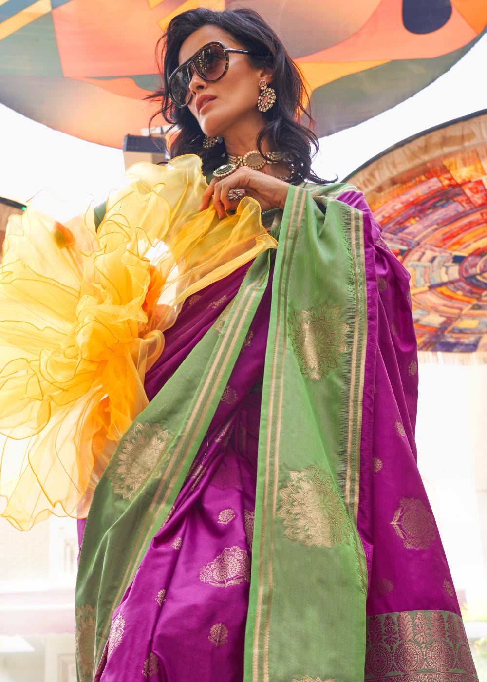 Magenta Pink & Green Handloom Woven katan Silk Saree - qivii