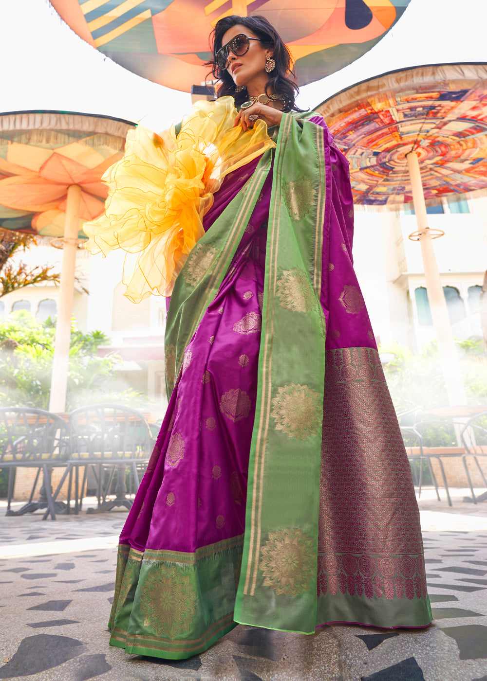 Magenta Pink & Green Handloom Woven katan Silk Saree - qivii