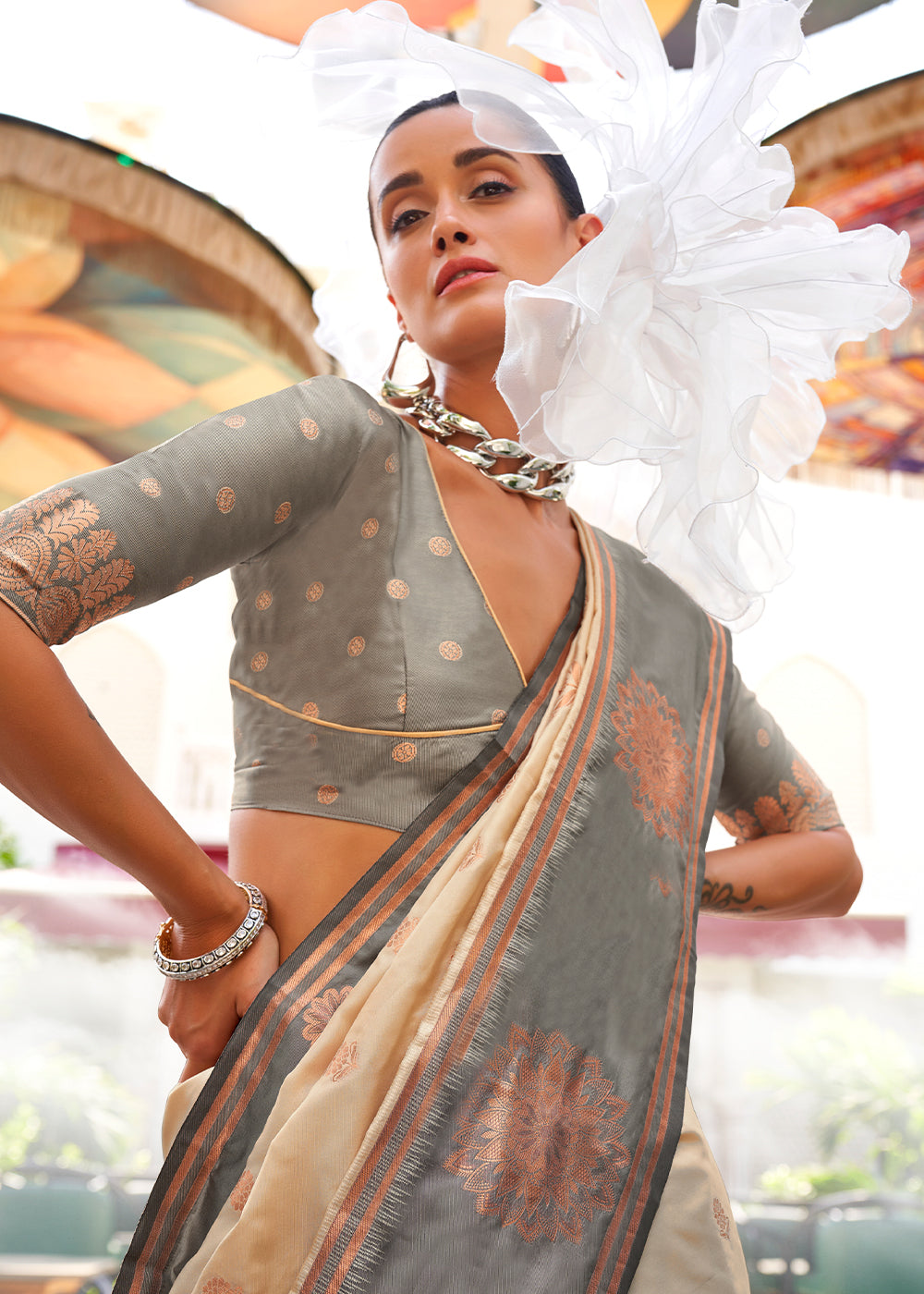 Beige Brown & Grey Handloom Woven katan Silk Saree - qivii