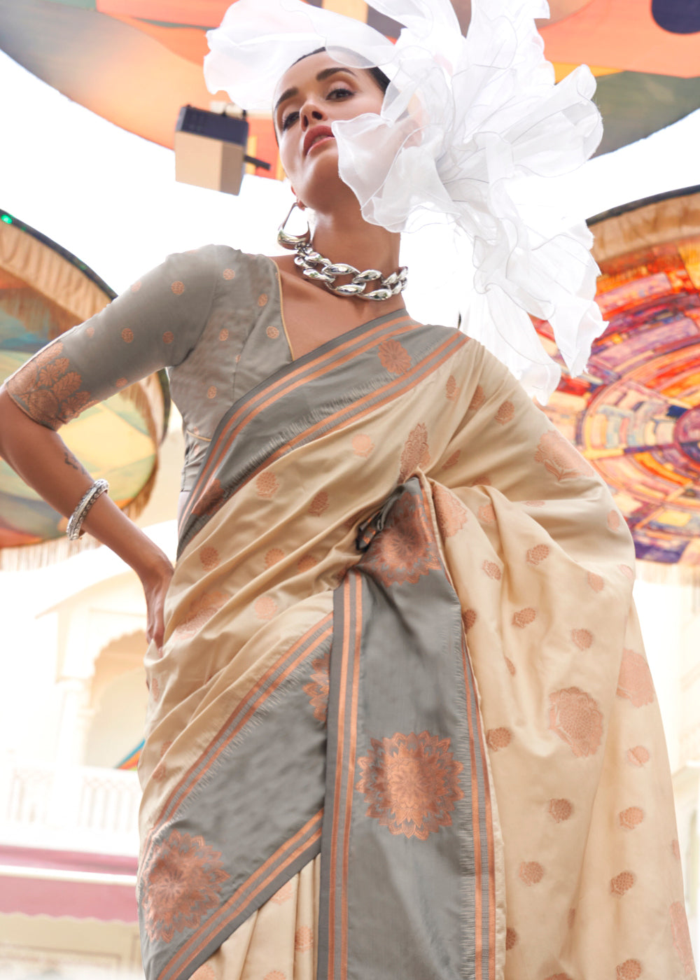 Beige Brown & Grey Handloom Woven katan Silk Saree - qivii