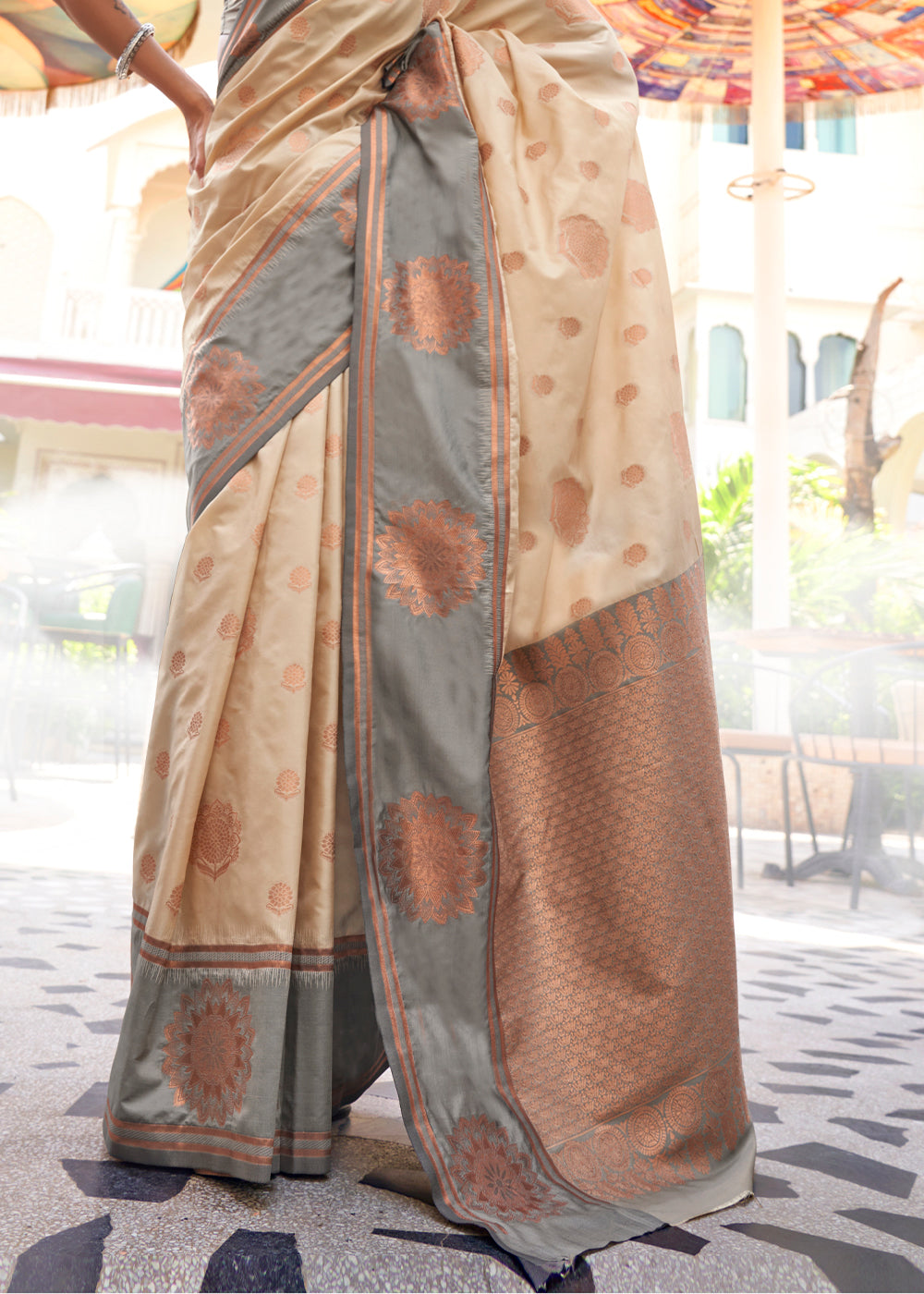 Beige Brown & Grey Handloom Woven katan Silk Saree - qivii
