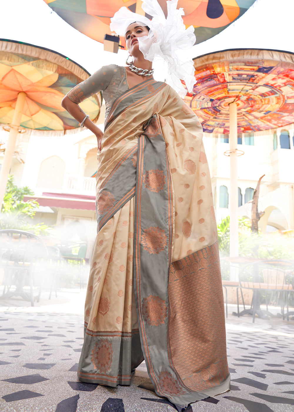 Beige Brown & Grey Handloom Woven katan Silk Saree - qivii