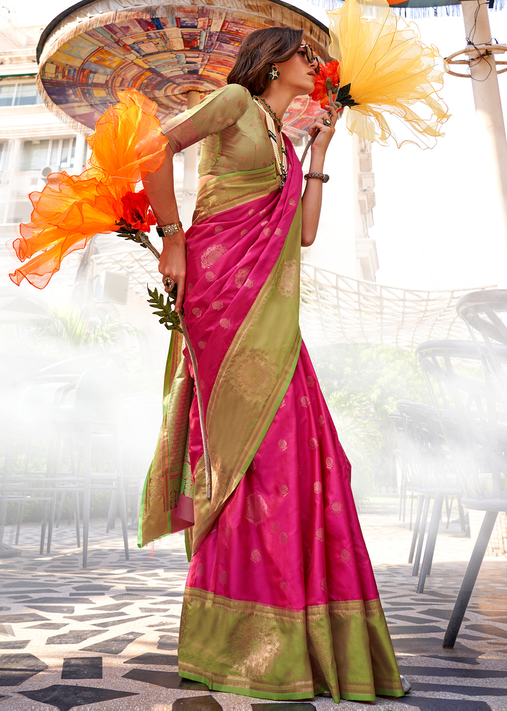 Pink & Green Handloom Woven katan Silk Saree - qivii