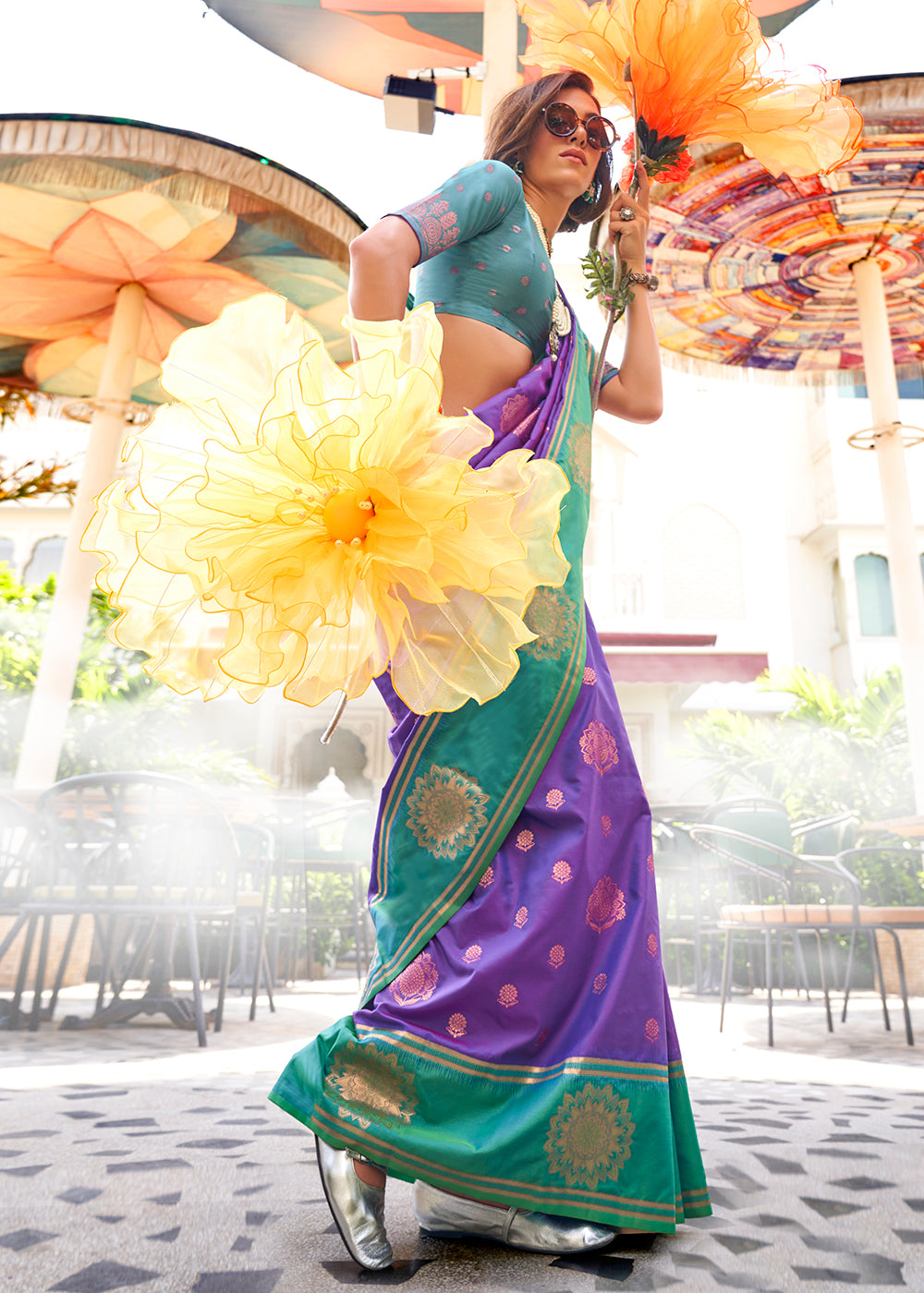 Purple & Blue Handloom Woven katan Silk Saree - qivii
