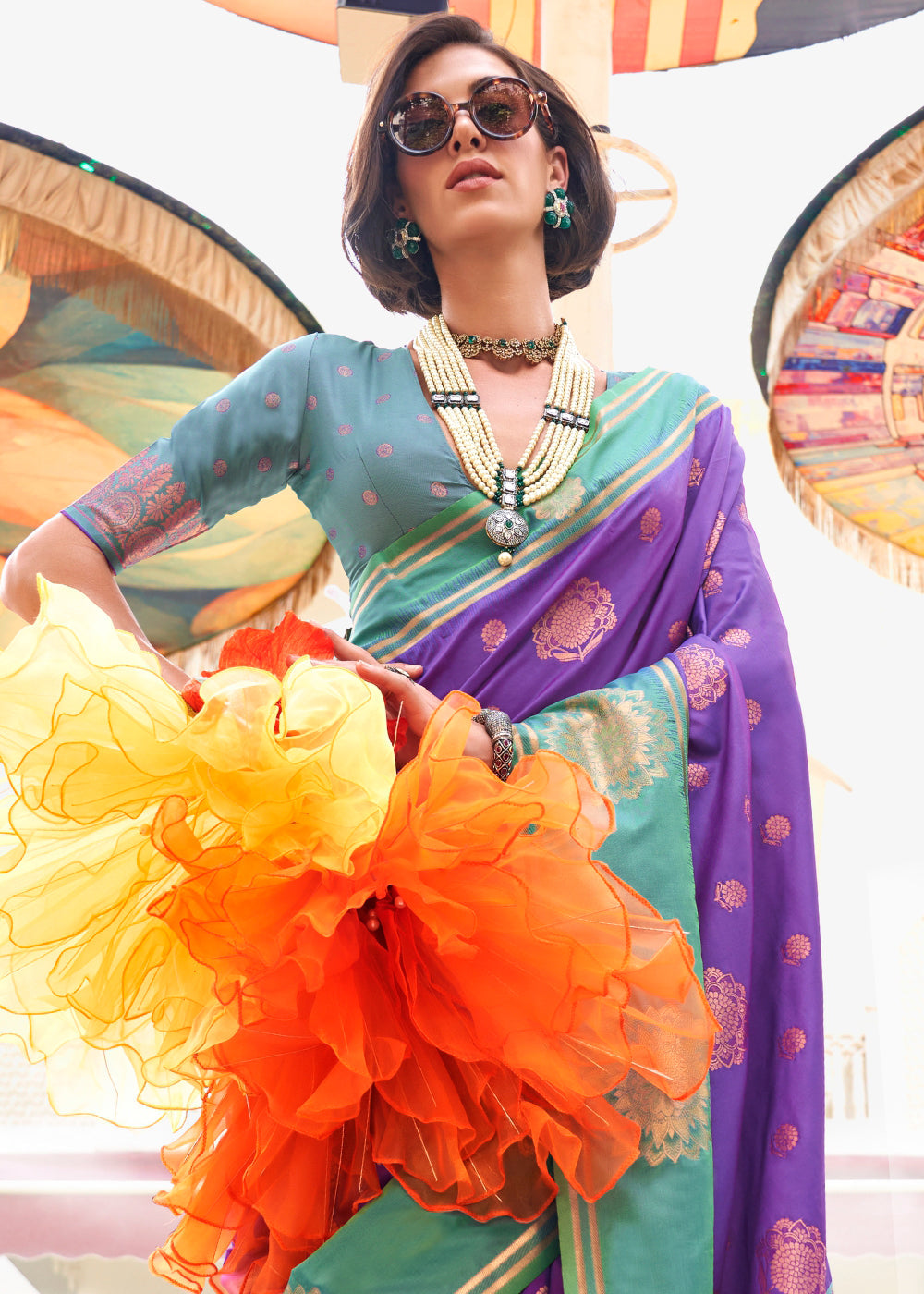 Purple & Blue Handloom Woven katan Silk Saree - qivii