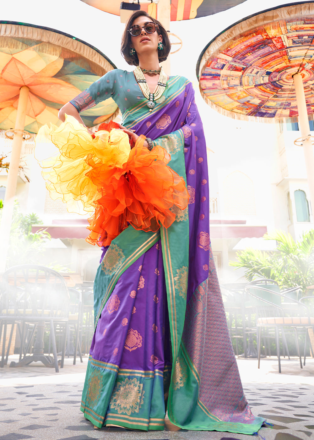 Purple & Blue Handloom Woven katan Silk Saree - qivii