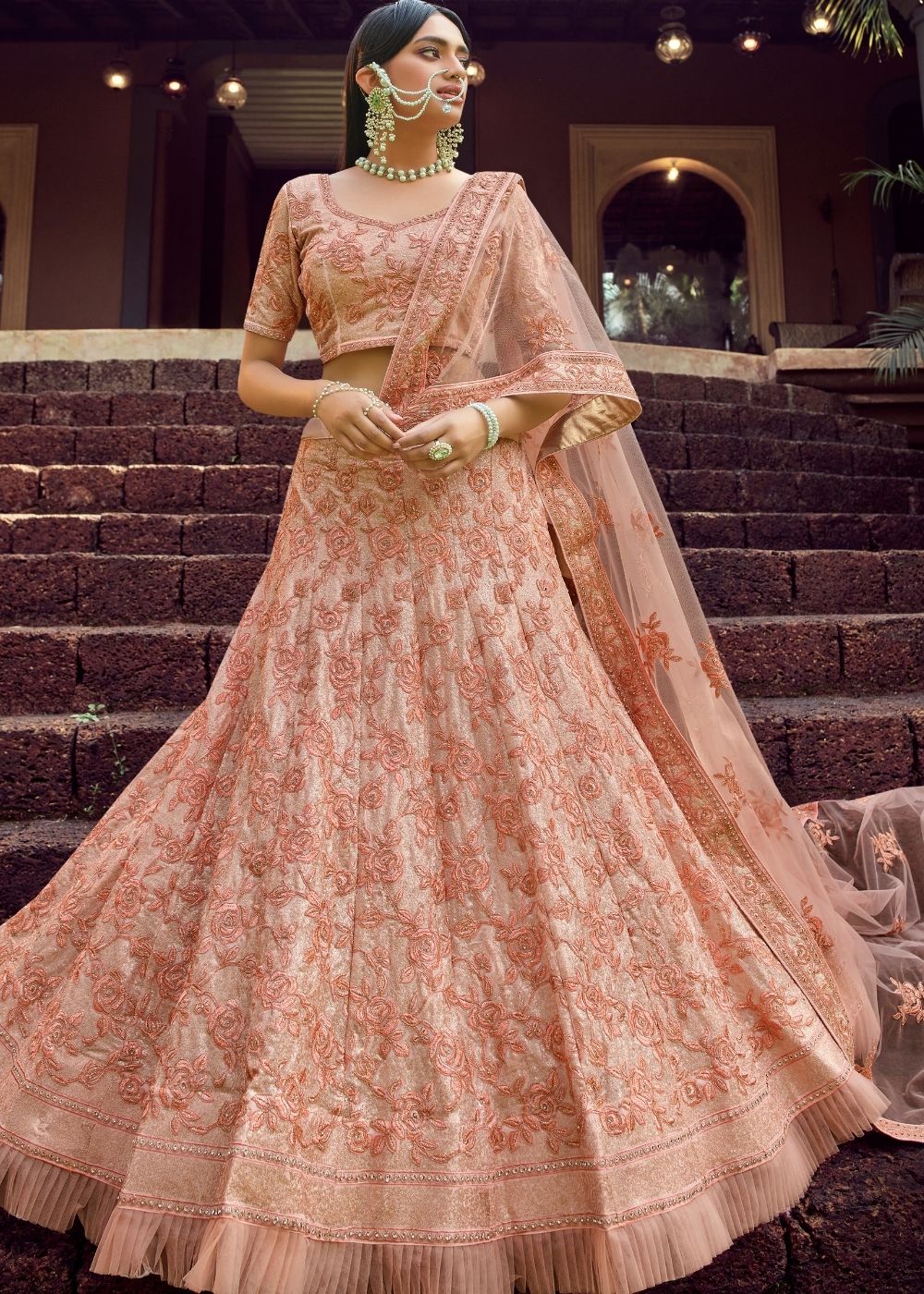 Peach Pink Georgette Lehenga Choli with Sequins & Resham work | Ready To Wear - qivii