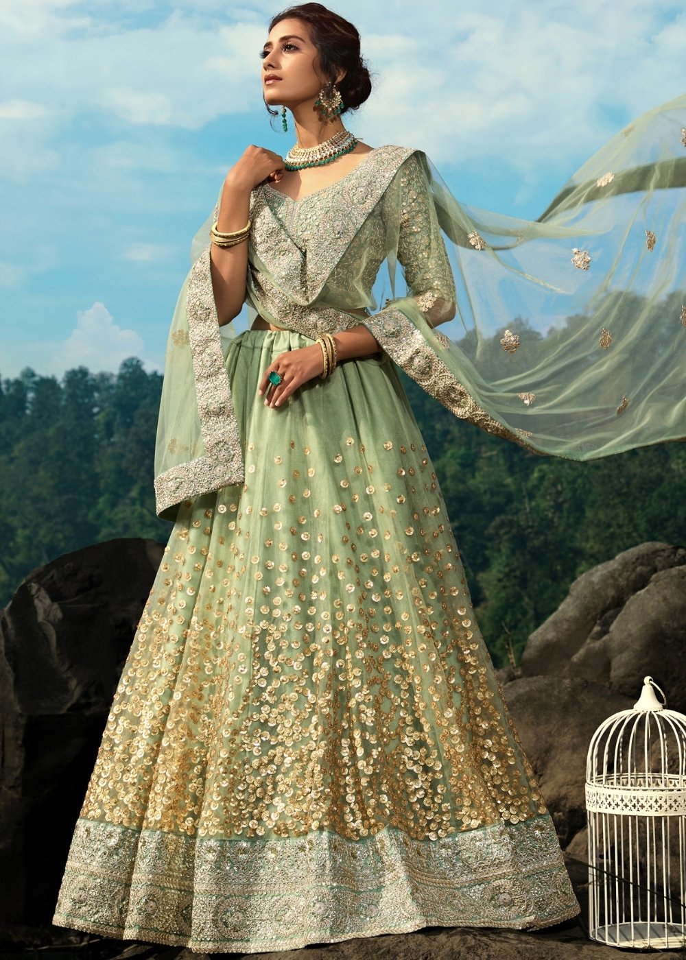 Emerald Green Designer Soft Net Lehenga Choli with Sequins & Dori work | Ready To Wear - qivii
