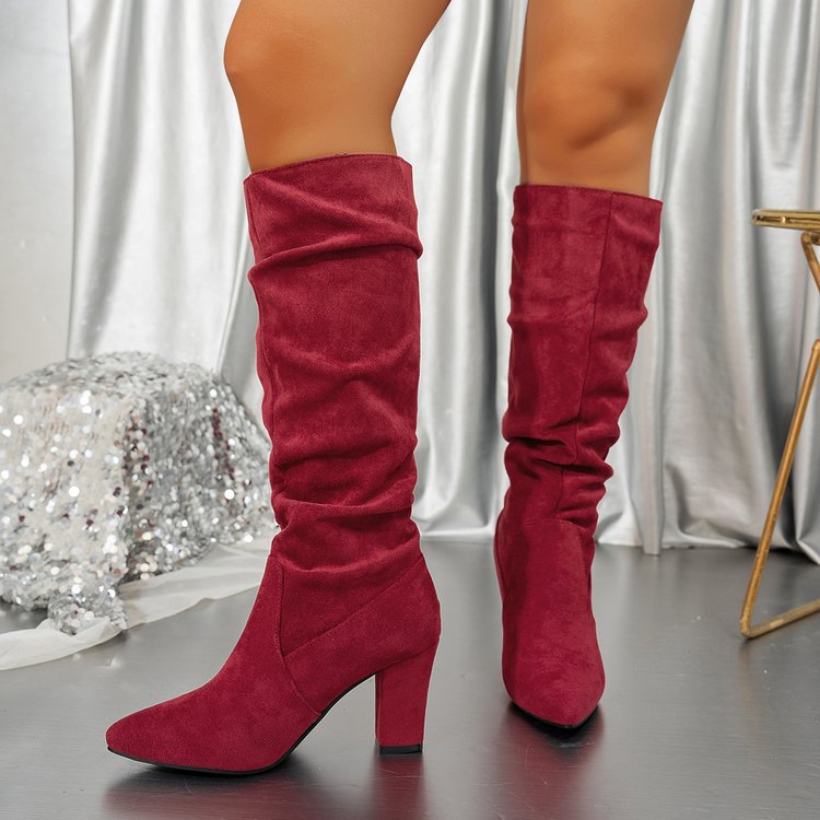 Women’s Suede ChunkyEdge Knee-High Boots – Pointed Toe Chunky Heel Tall Boots (US 4–10.5)