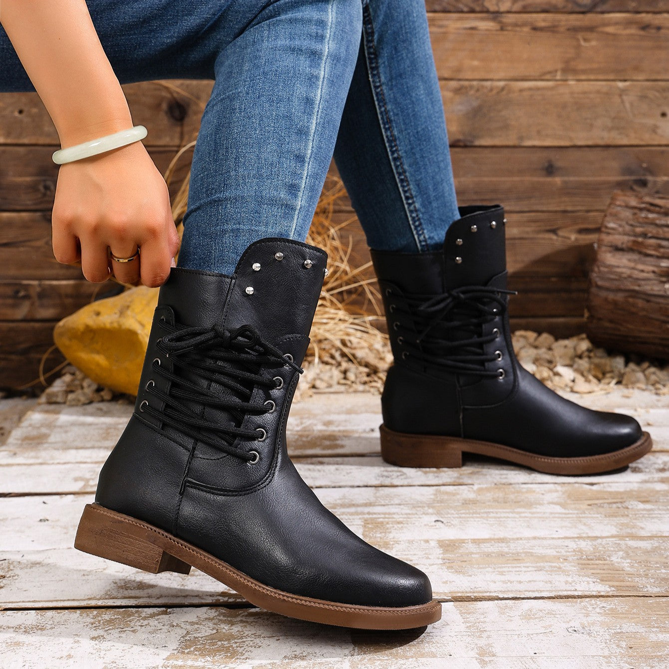 Women's Rivet Roma Boots - Side Lace Chunky Heel Mid Calf Boots (US 4-10.5)