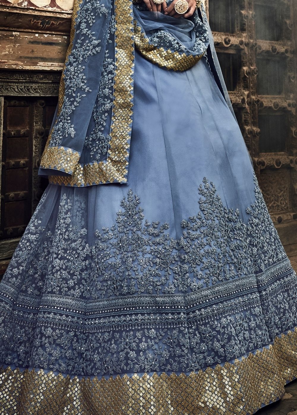 Cornflower Blue Soft Net Lehenga Choli with Dori & Zarkan work | Ready To Wear - qivii