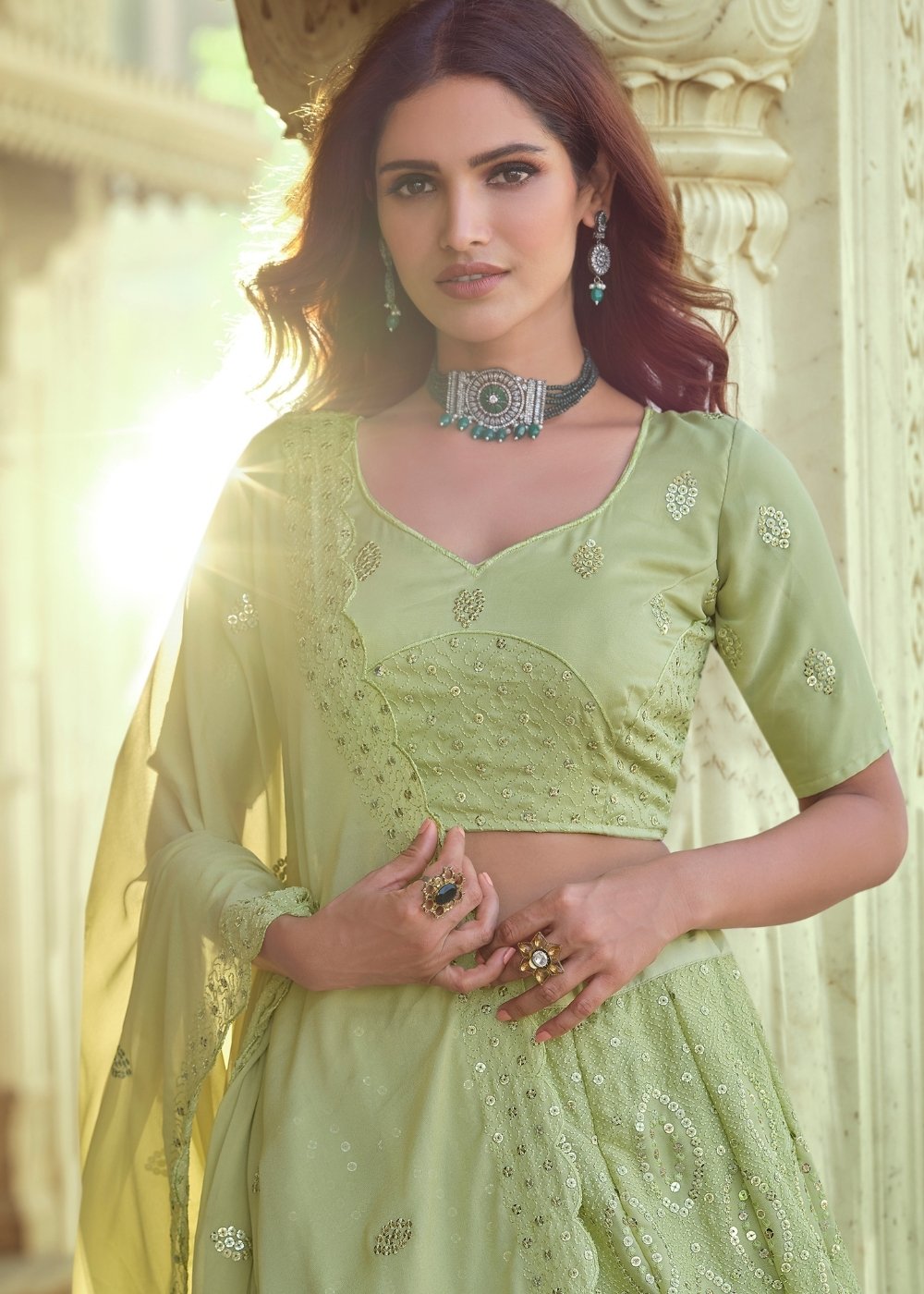 Pear Green Georgette Lehenga Choli with Sequins & Thread work | Ready To Wear - qivii