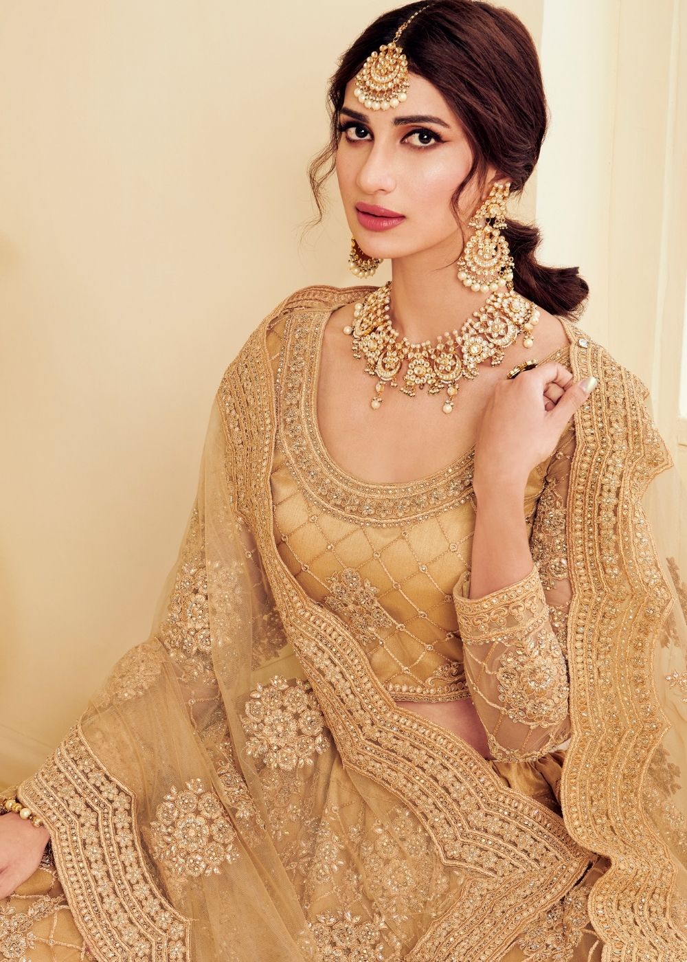 Bronze Brown Soft Net Lehenga Choli with Cording Embroidery & Stone work | Ready To Wear - qivii