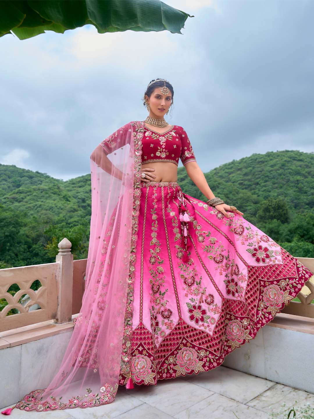 Pink-Rose Shade Cut-Work Silk Heavy Embroidered Zarkan Semi Stitched Lehenga Choli - qivii