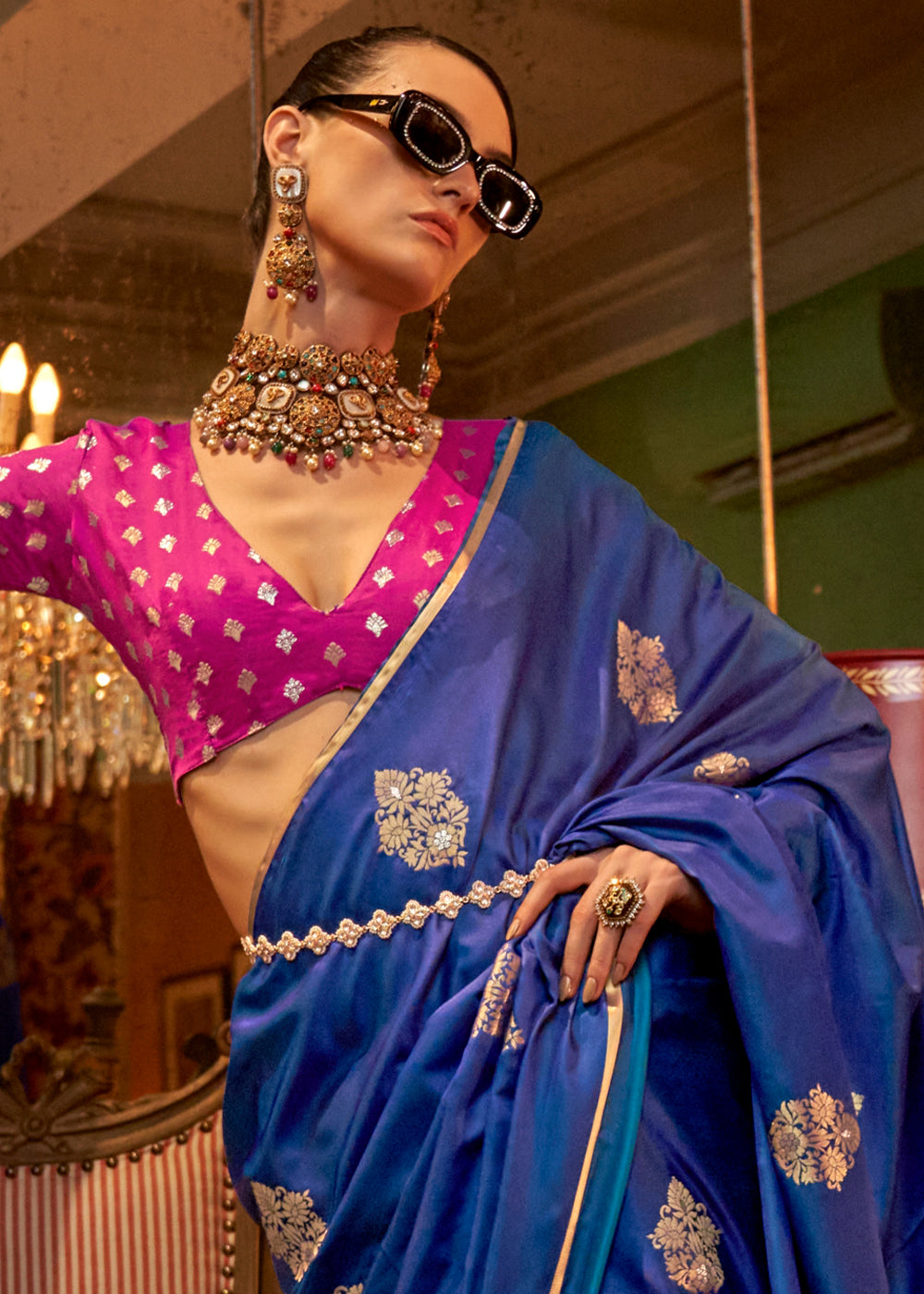 Azure Blue Two Tone Satin Silk Saree with Contrast Pallu & Blouse - qivii