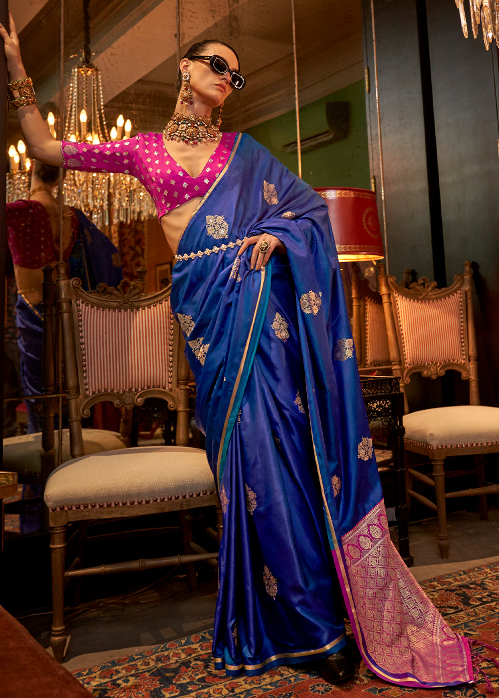 Azure Blue Two Tone Satin Silk Saree with Contrast Pallu & Blouse - qivii