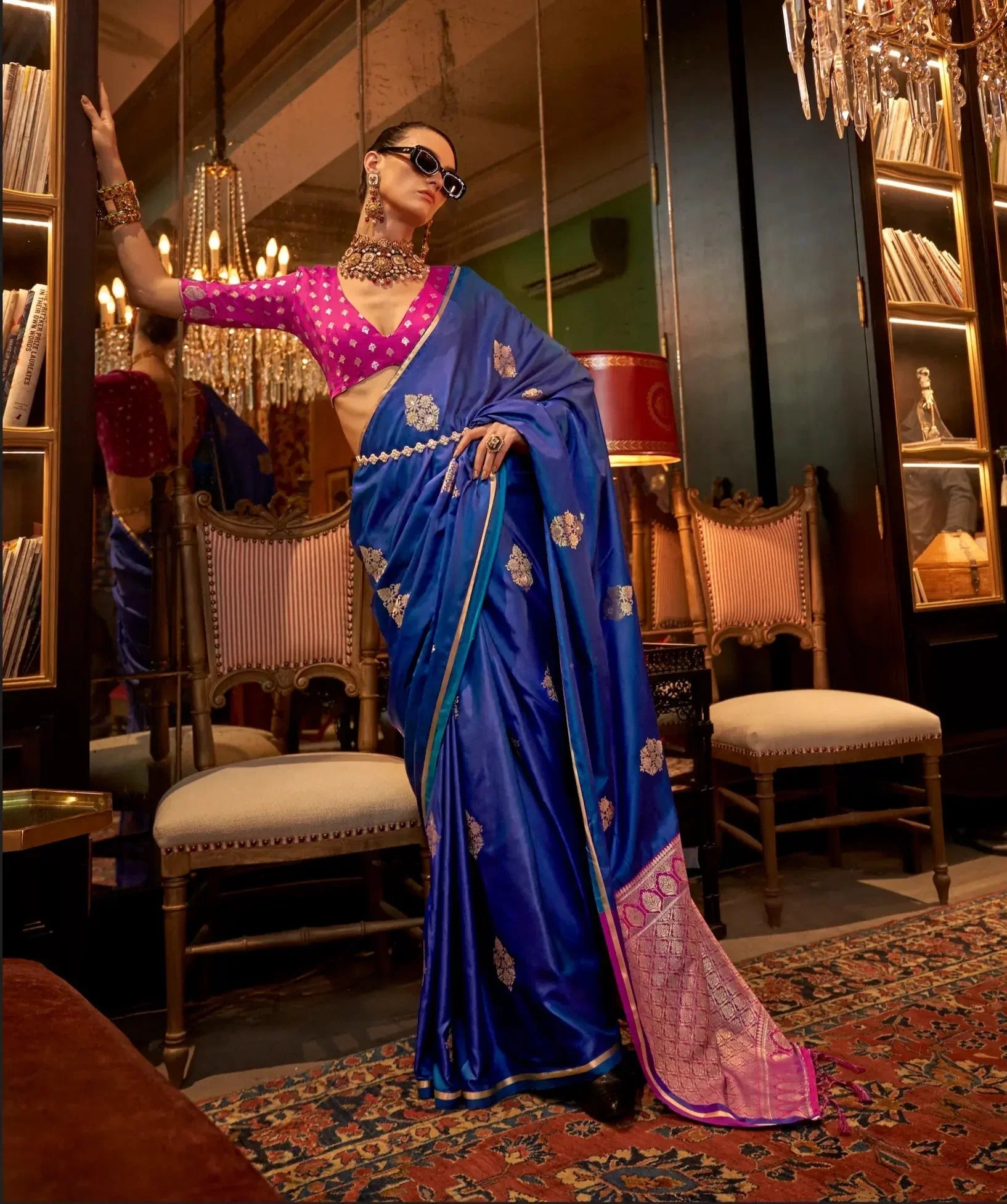 Royal Blue Two Tone Satin Handloom Weaving Silk Saree - qivii