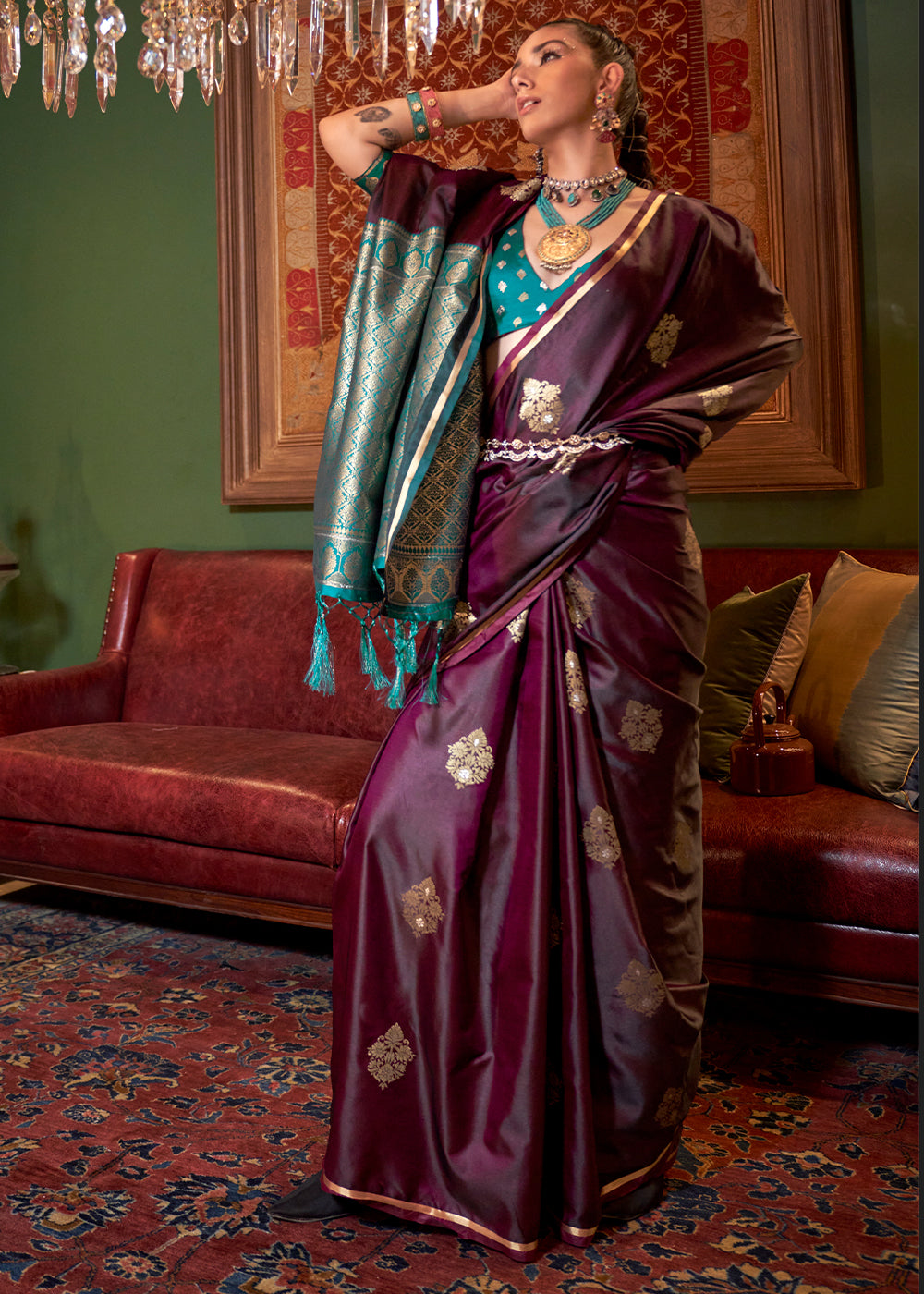 Reddish Maroon Two Tone Satin Silk Saree with Contrast Pallu & Blouse - qivii