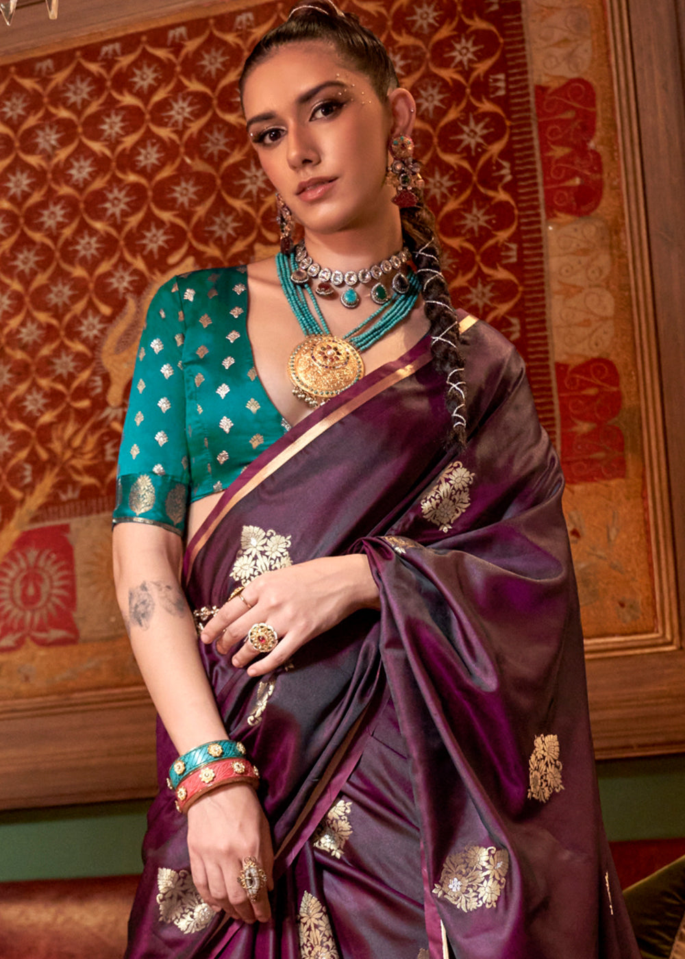 Reddish Maroon Two Tone Satin Silk Saree with Contrast Pallu & Blouse - qivii