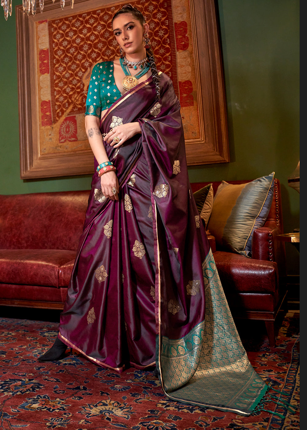 Reddish Maroon Two Tone Satin Silk Saree with Contrast Pallu & Blouse - qivii