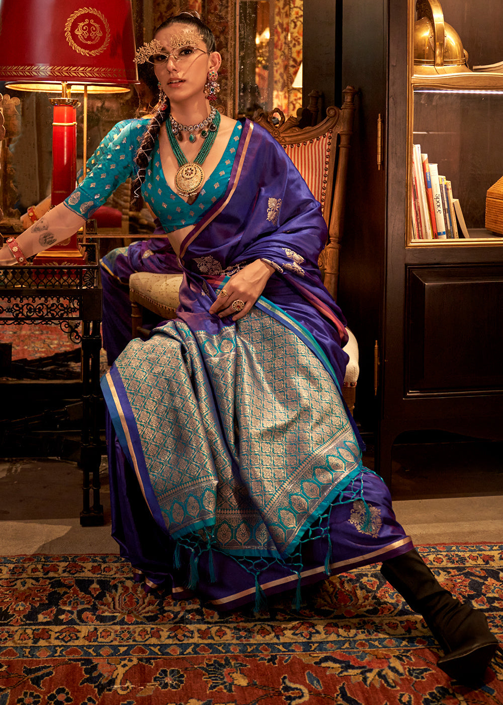 Indigo Purple Two Tone Satin Silk Saree with Contrast Pallu & Blouse - qivii