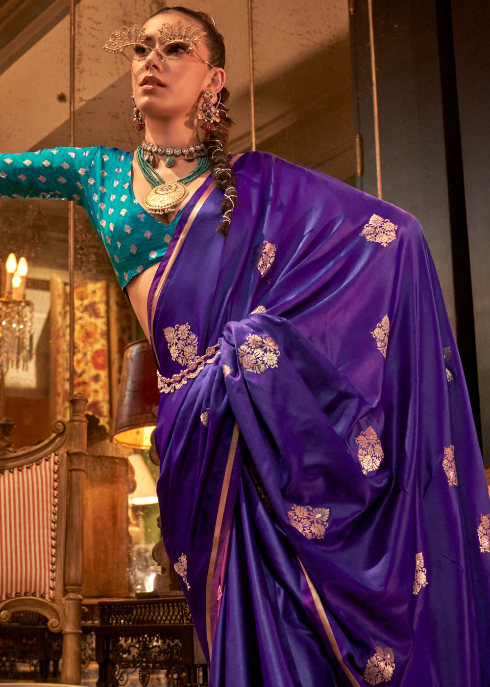 Indigo Purple Two Tone Satin Silk Saree with Contrast Pallu & Blouse - qivii