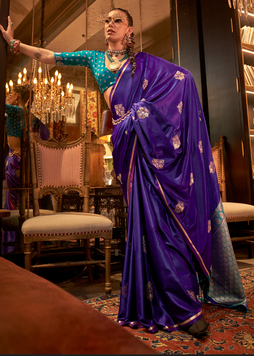 Indigo Purple Two Tone Satin Silk Saree with Contrast Pallu & Blouse - qivii