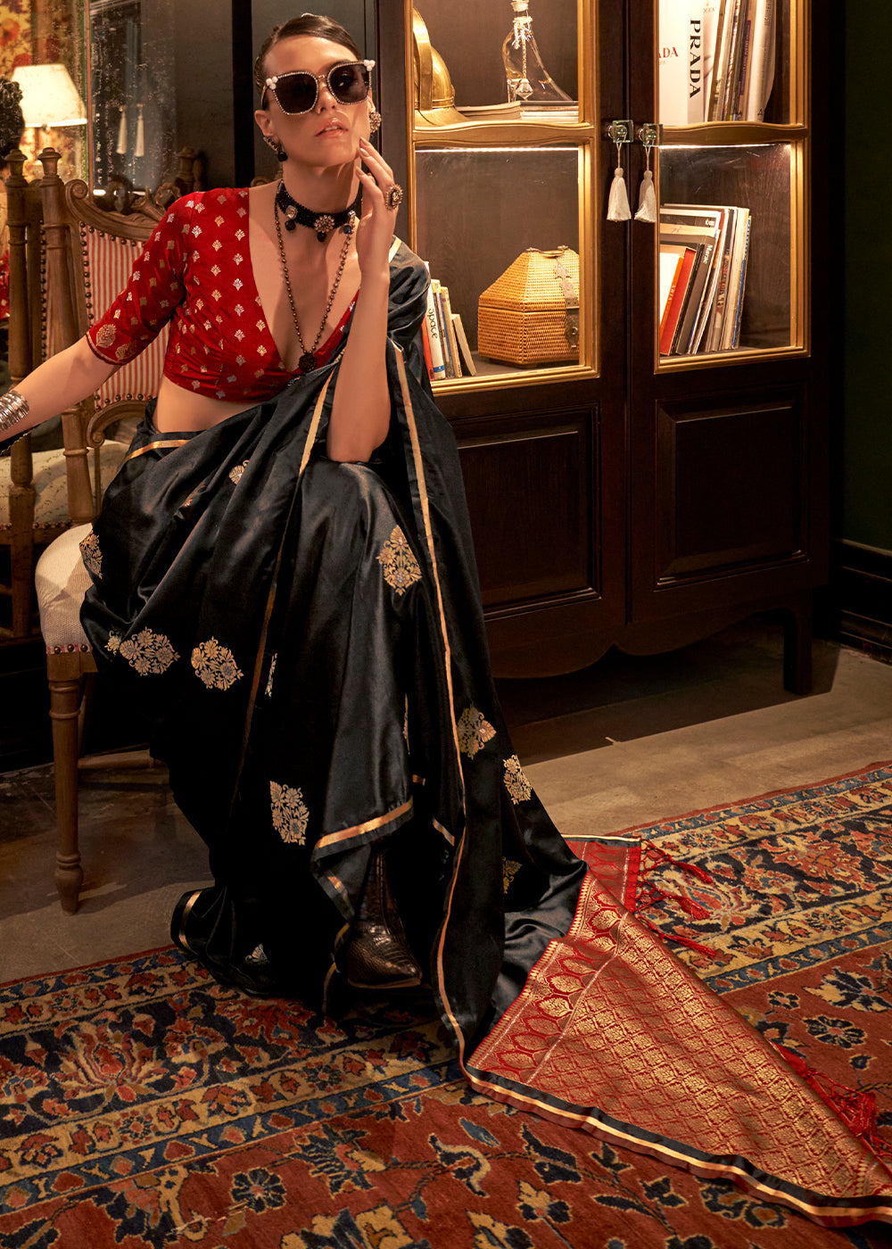 Midnight Black Two Tone Satin Silk Saree with Contrast Pallu & Blouse - qivii