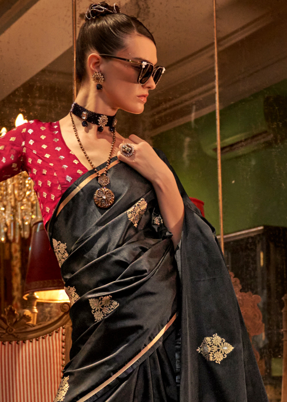 Midnight Black Two Tone Satin Silk Saree with Contrast Pallu & Blouse - qivii