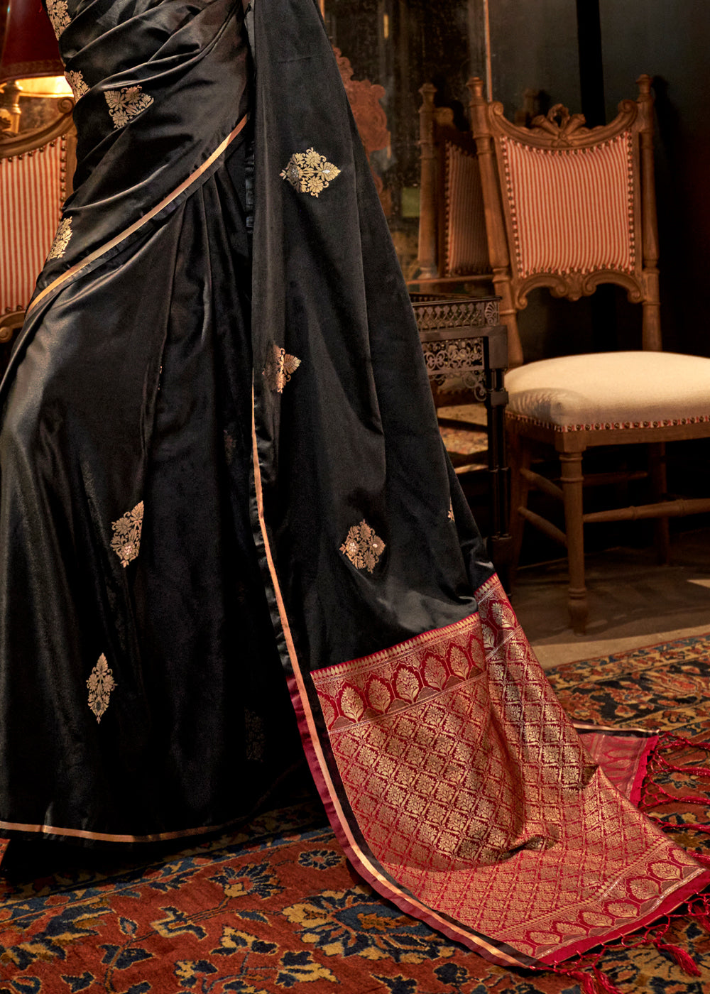 Midnight Black Two Tone Satin Silk Saree with Contrast Pallu & Blouse - qivii
