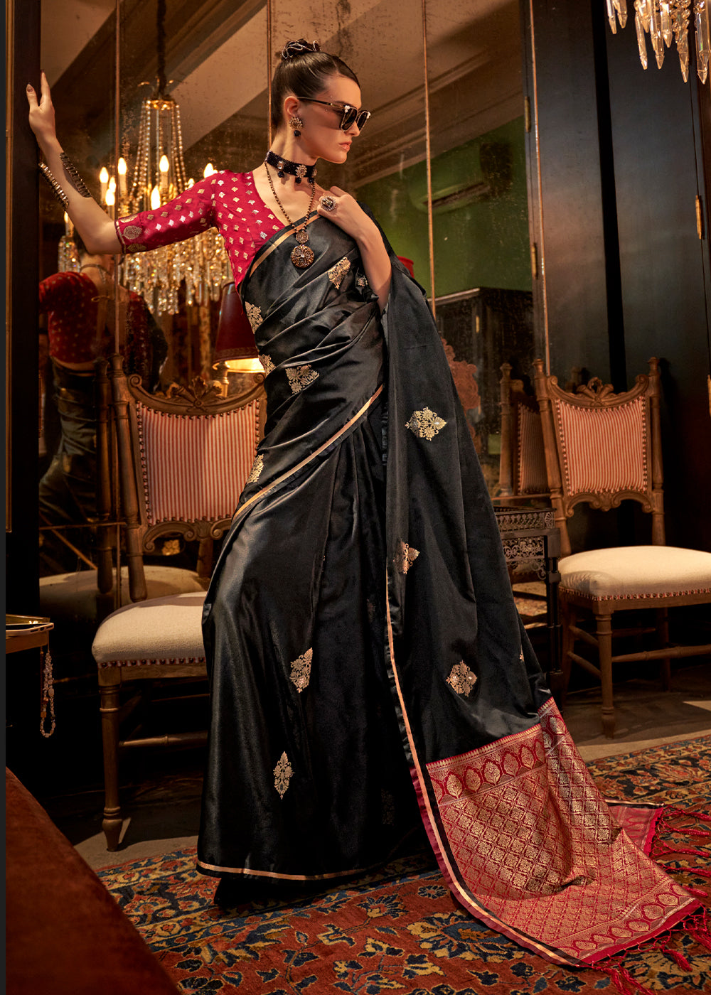 Midnight Black Two Tone Satin Silk Saree with Contrast Pallu & Blouse - qivii