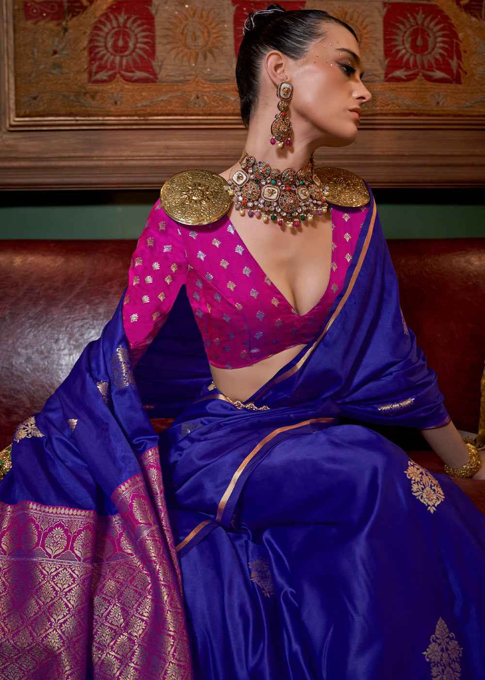 Admiral Blue Two Tone Satin Silk Saree with Contrast Pallu & Blouse - qivii