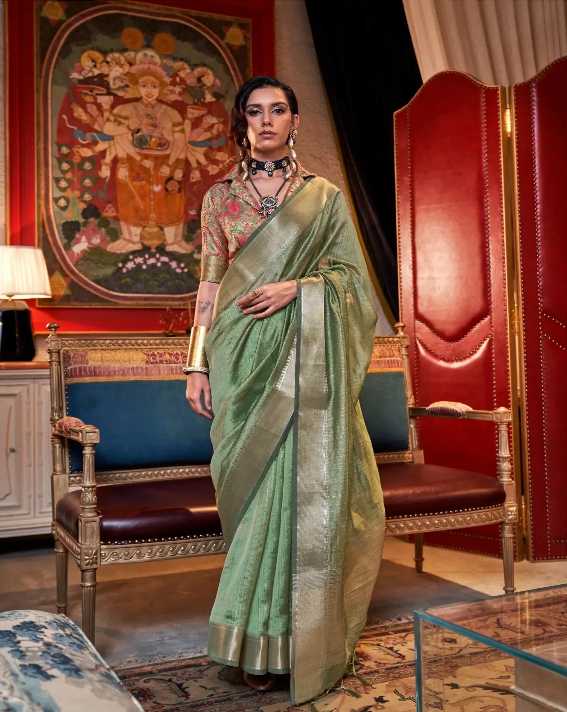 Dusty Green Chiffon Handloom Weaving Silk Saree - qivii