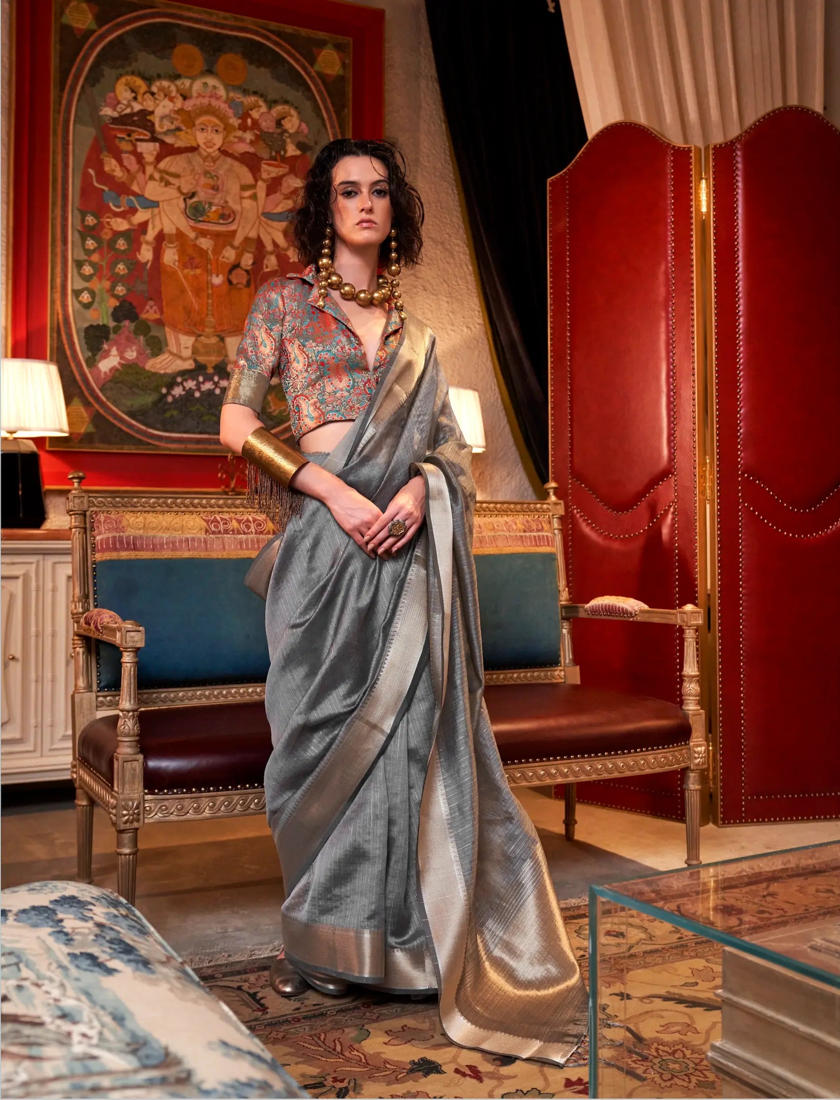 Grey Chiffon Handloom Weaving Silk Saree - qivii