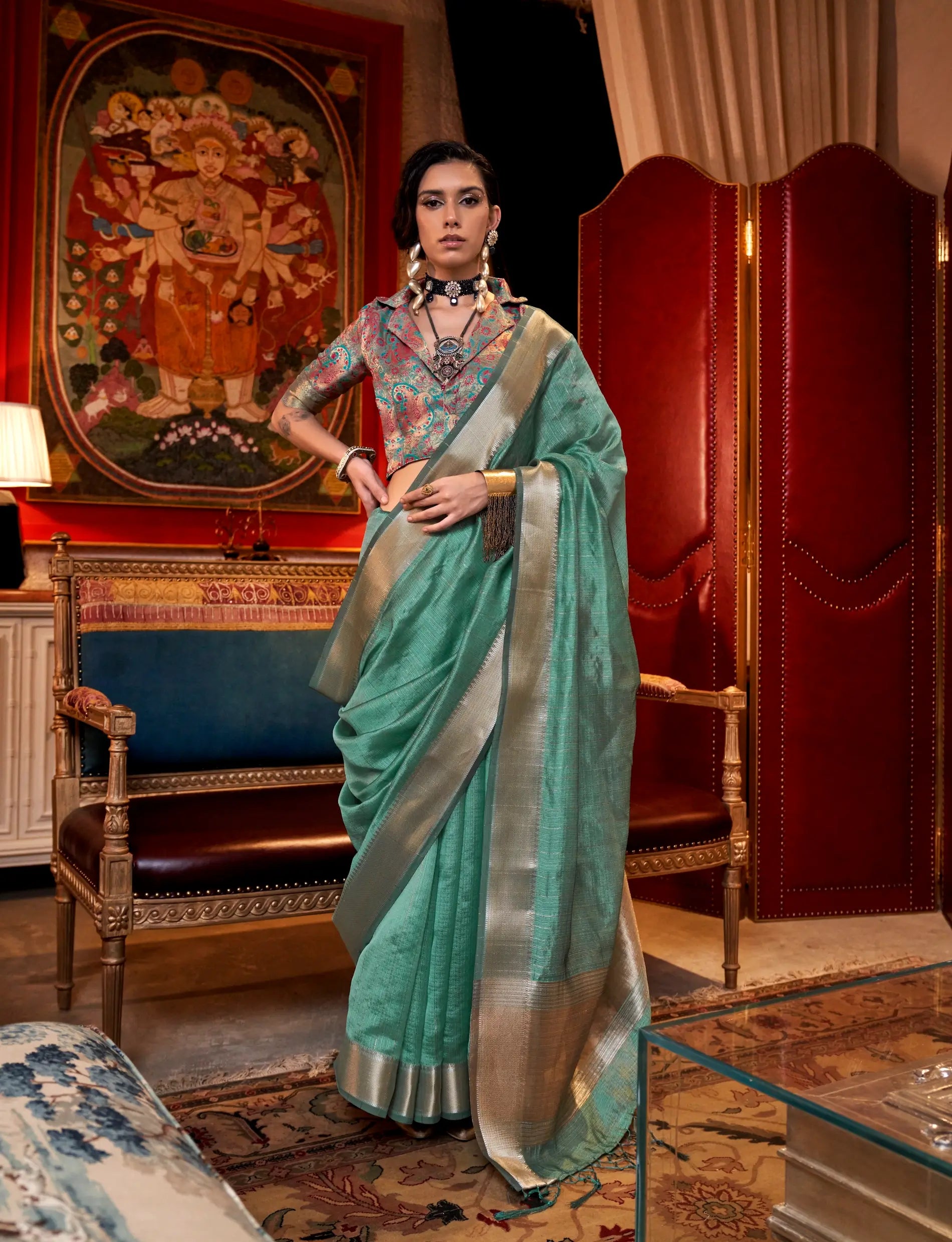 Sea Blue Chiffon Handloom Weaving Silk Saree - qivii