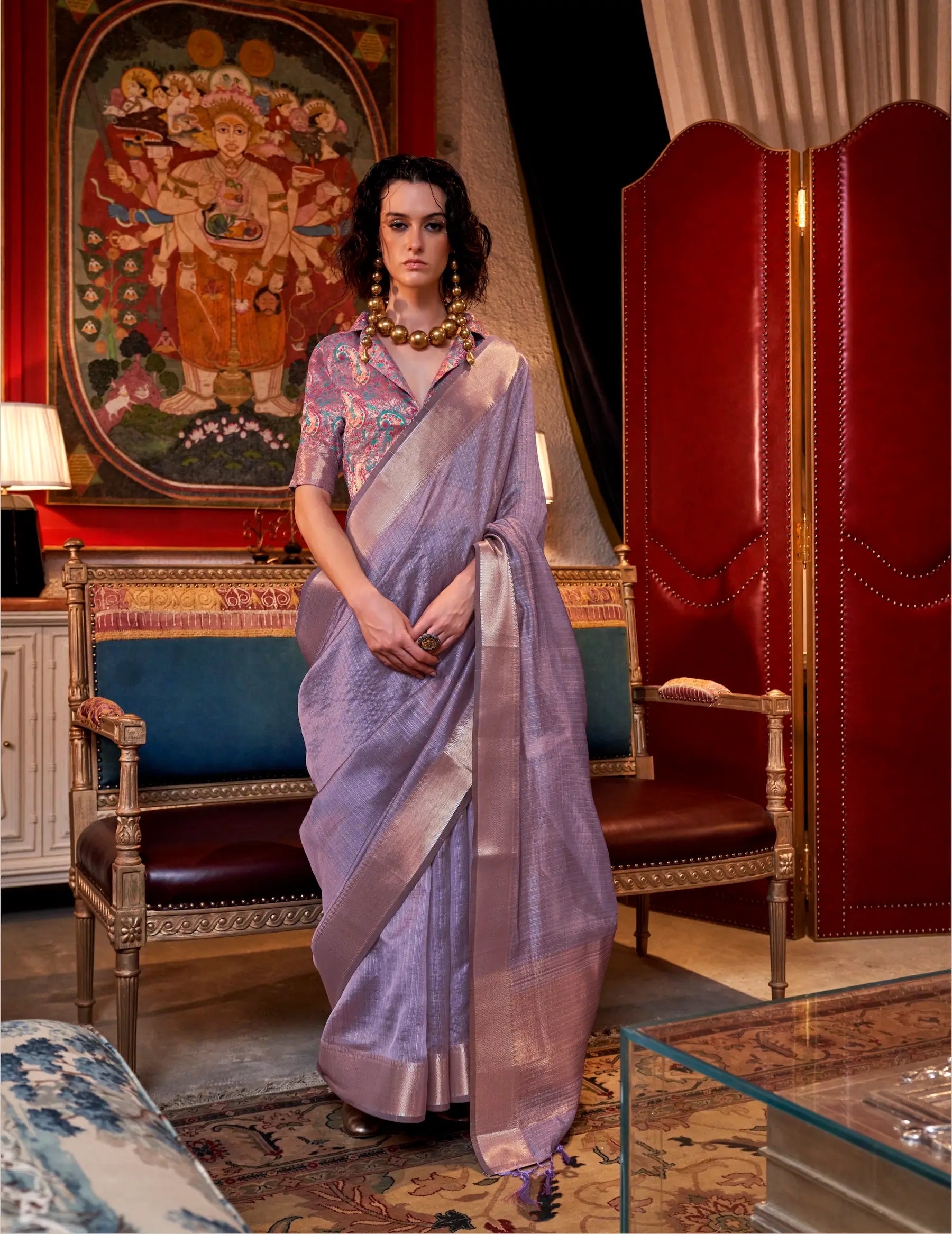 Lavender Chiffon Handloom Weaving Silk Saree - qivii