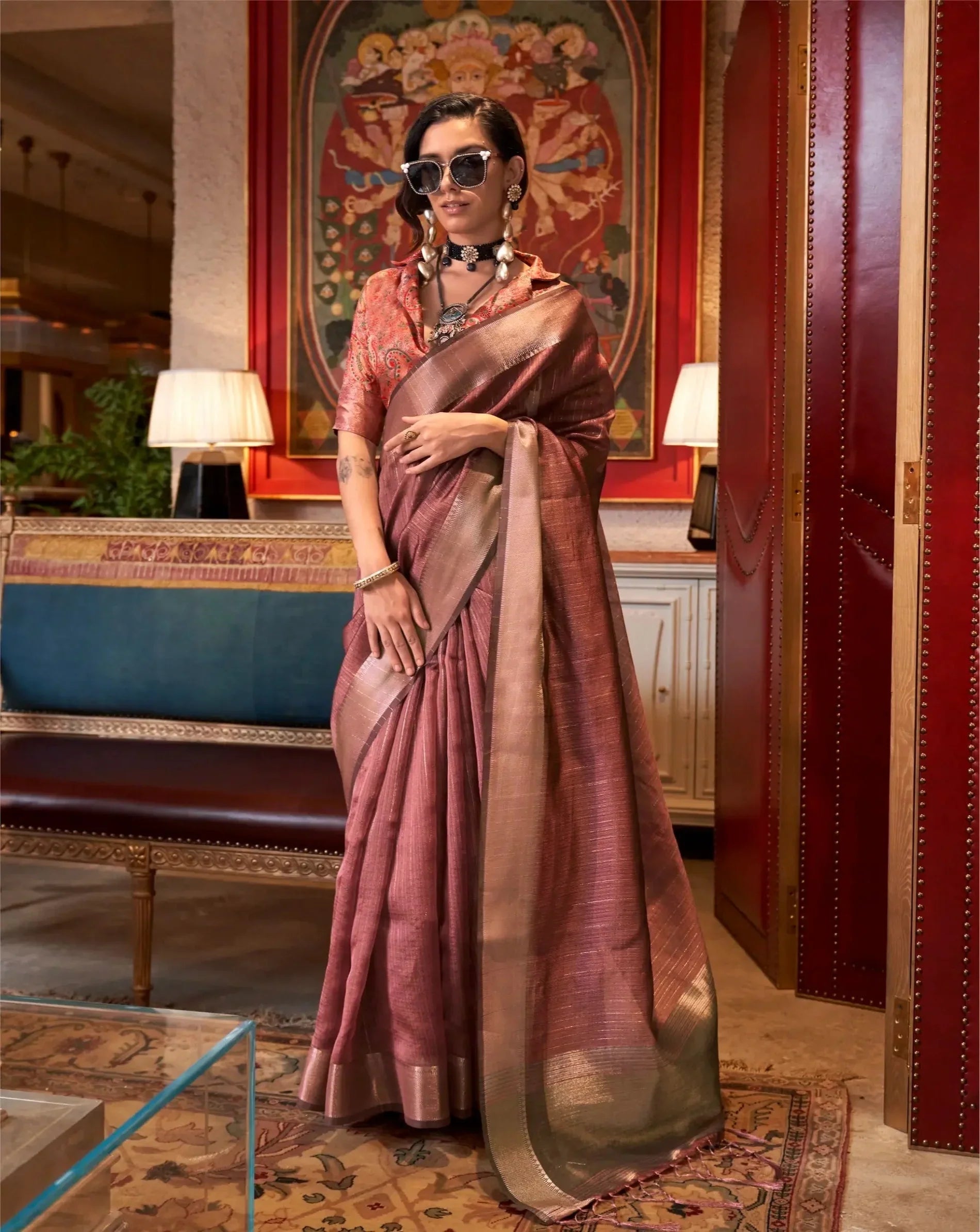 Dusty Orange Chiffon Handloom Weaving Silk Saree - qivii