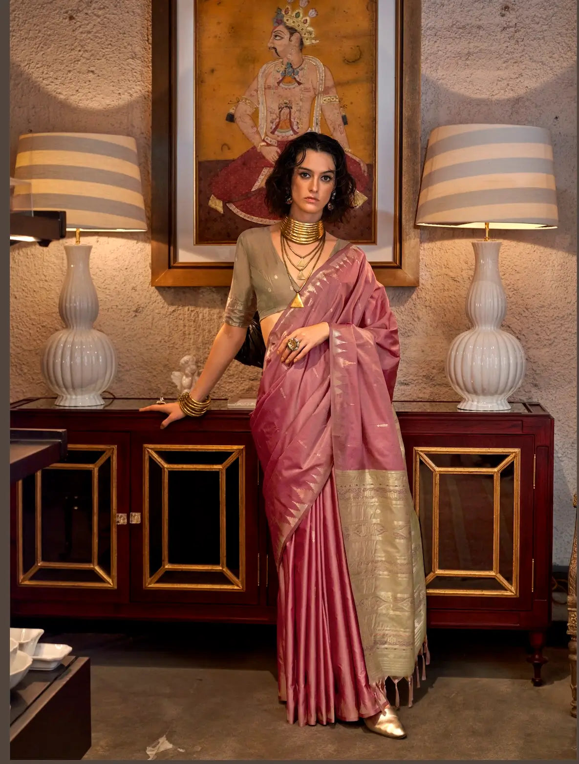 Pink Silk Saree With Contrast Ikkat Design Pallu - qivii