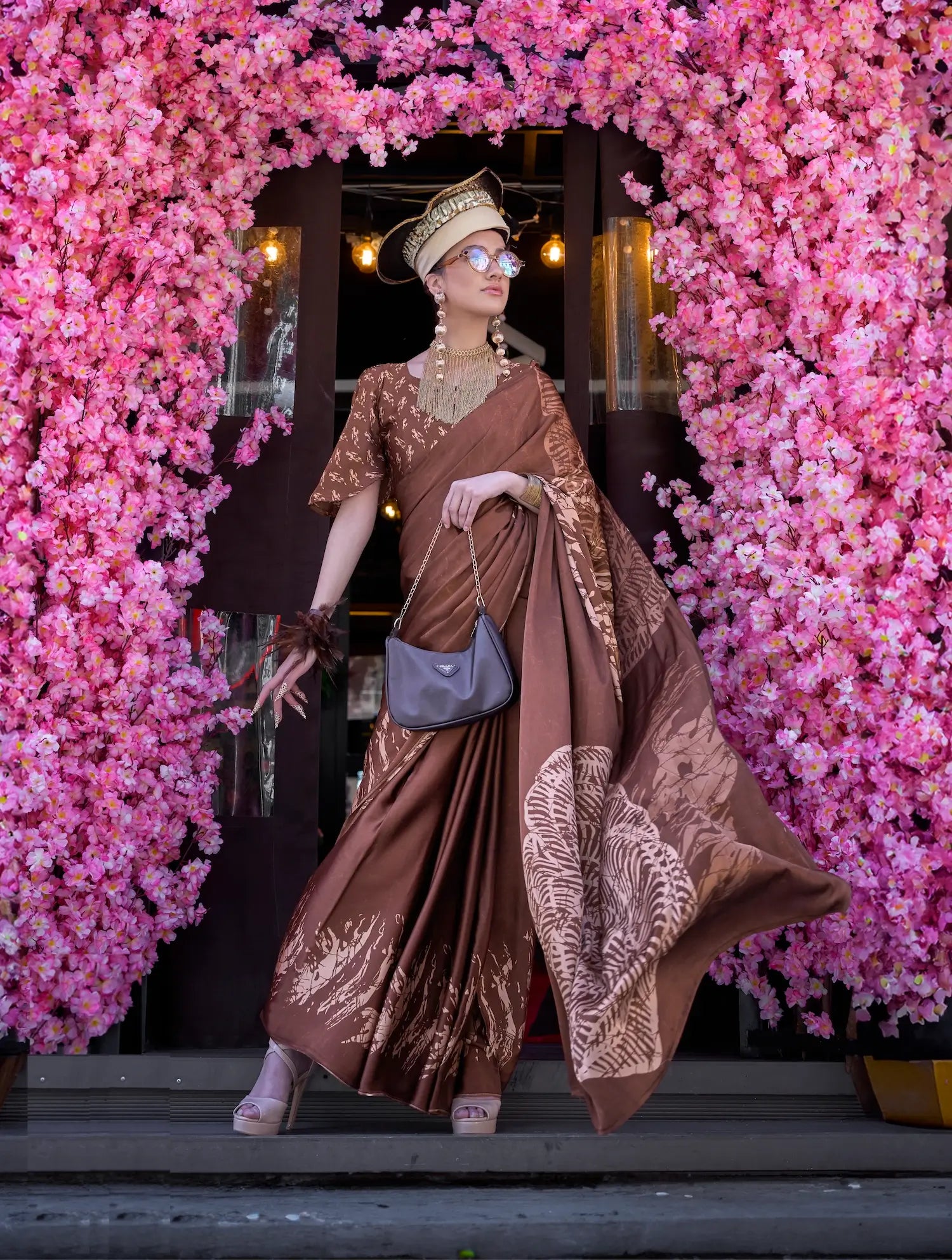 Brown Satin Crepe Digital Printed Saree - qivii