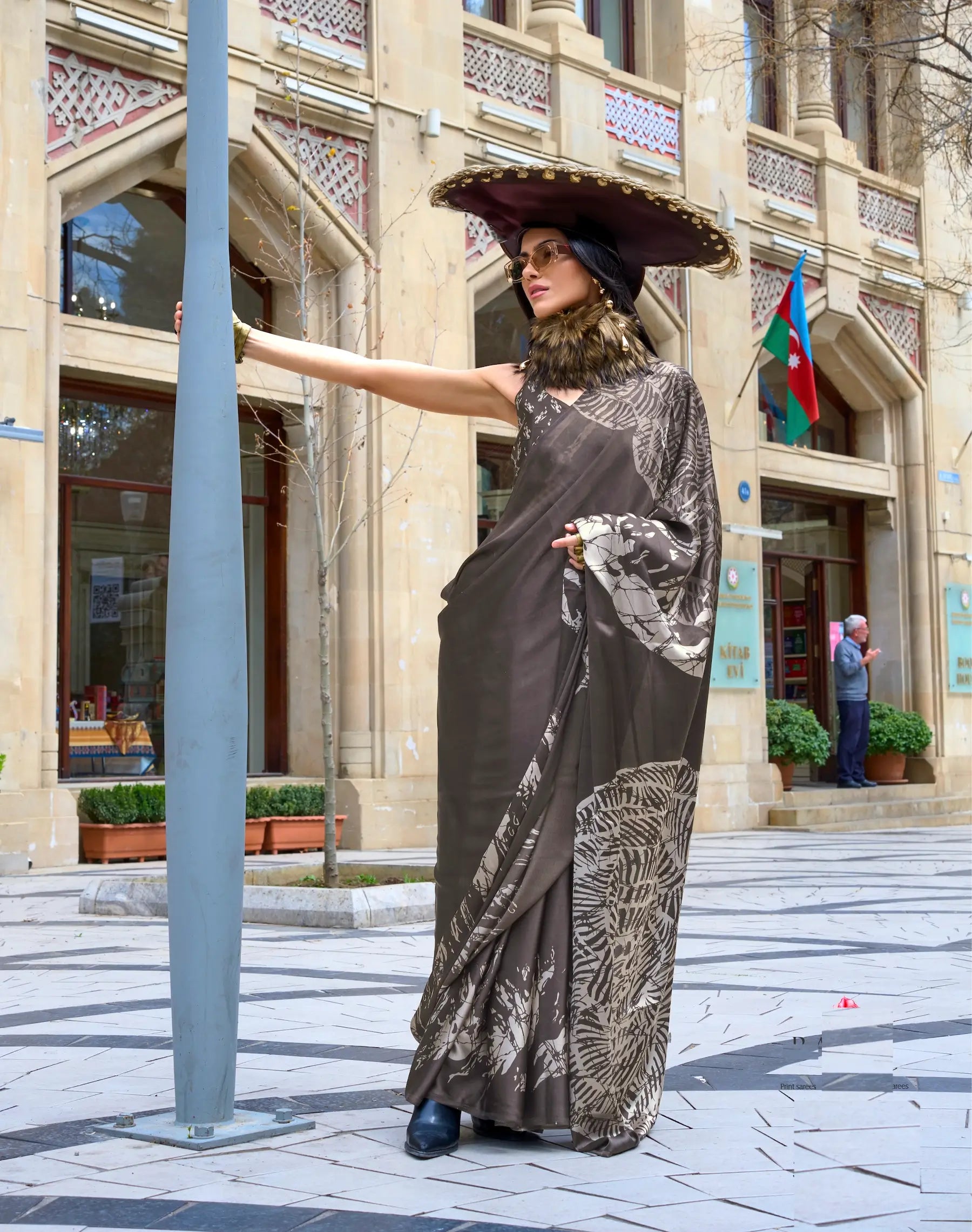 Dark Grey Satin Crepe Digital Printed Saree - qivii