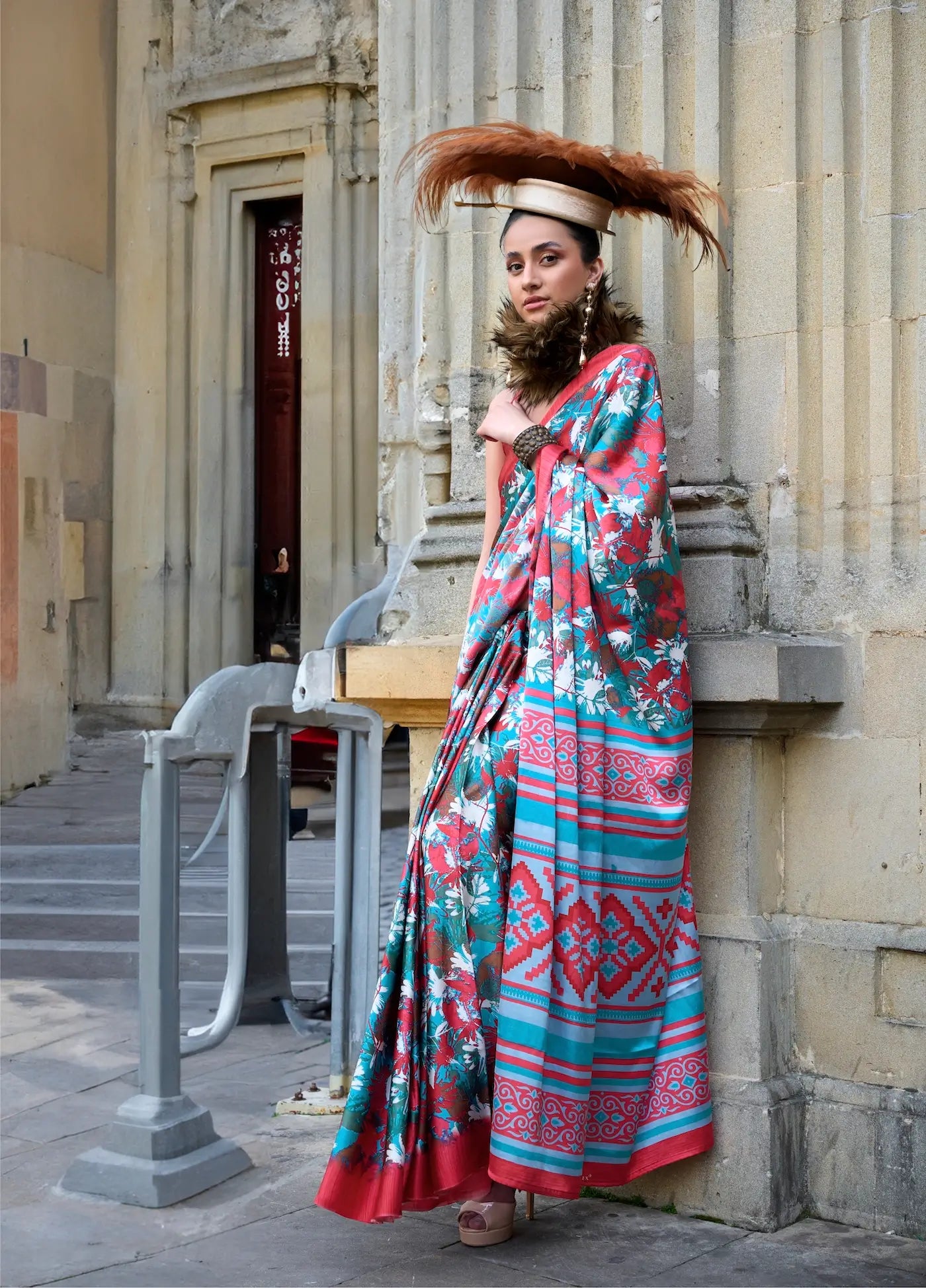 Bright Red Satin Crepe Digital Printed Saree - qivii