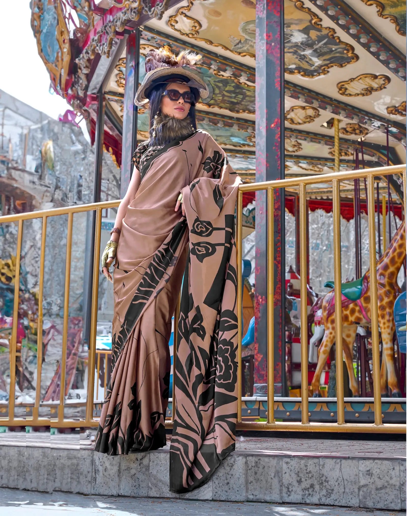 Sugar Brown Satin Crepe Digital Printed Saree - qivii