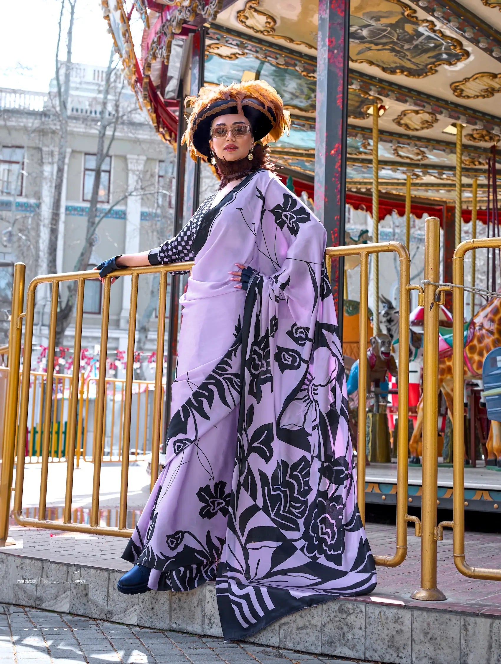 Lavender Satin Crepe Digital Printed Saree - qivii