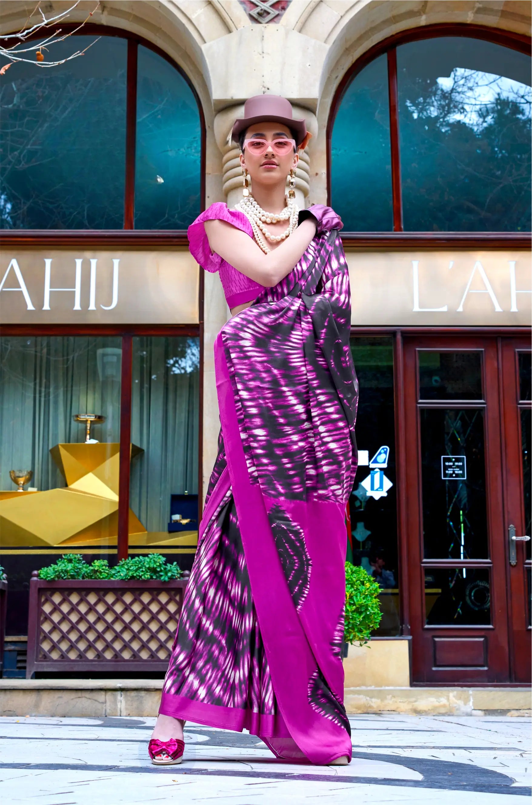 Hot Pink Satin Crepe Digital Printed Saree - qivii
