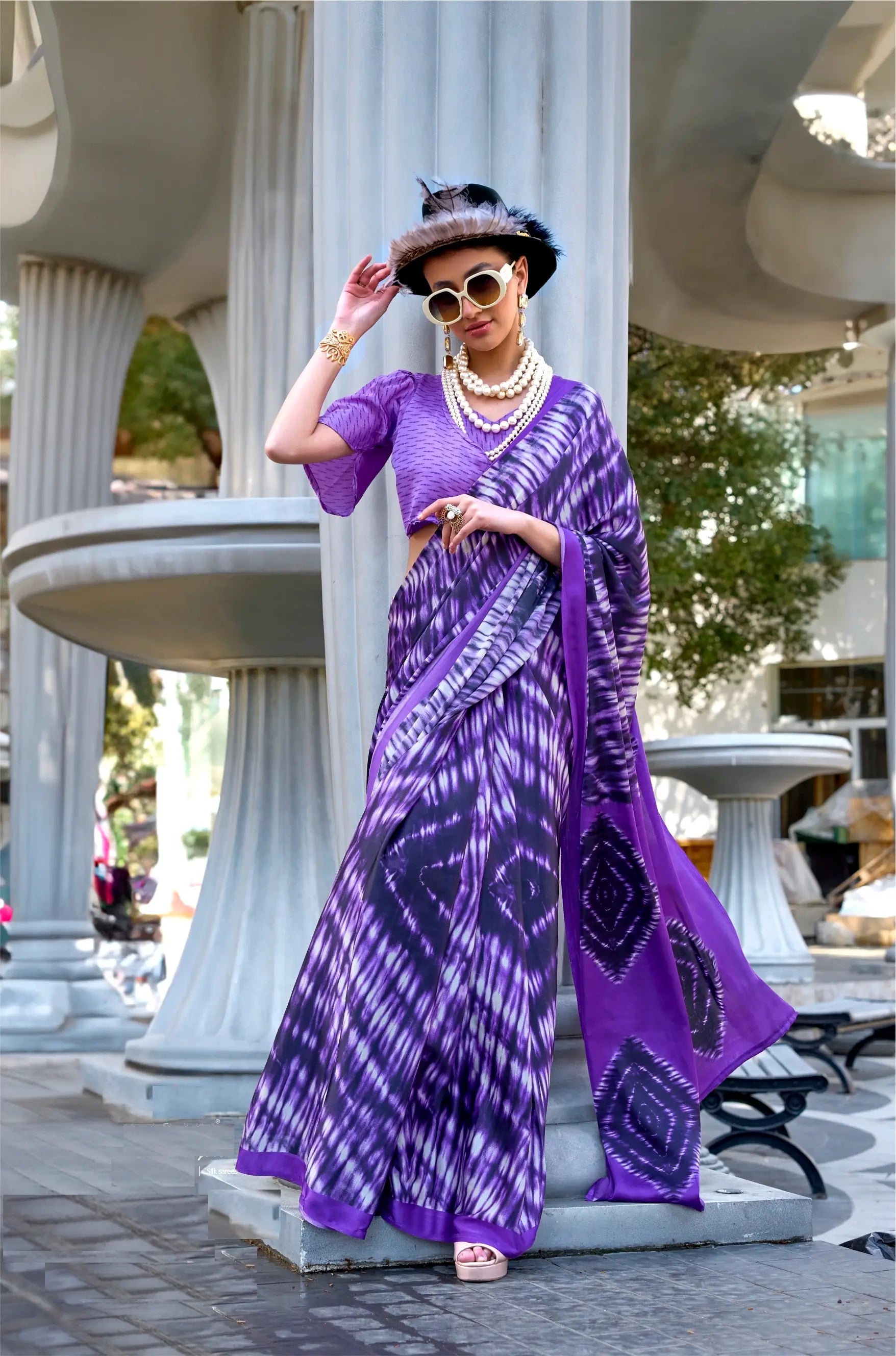 Purple Satin Crepe Digital Printed Saree - qivii
