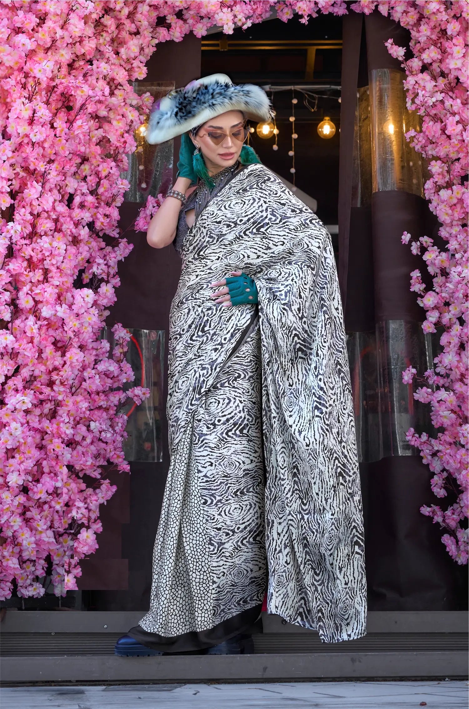 Slate Blue Satin Crepe Digital Printed Saree - qivii