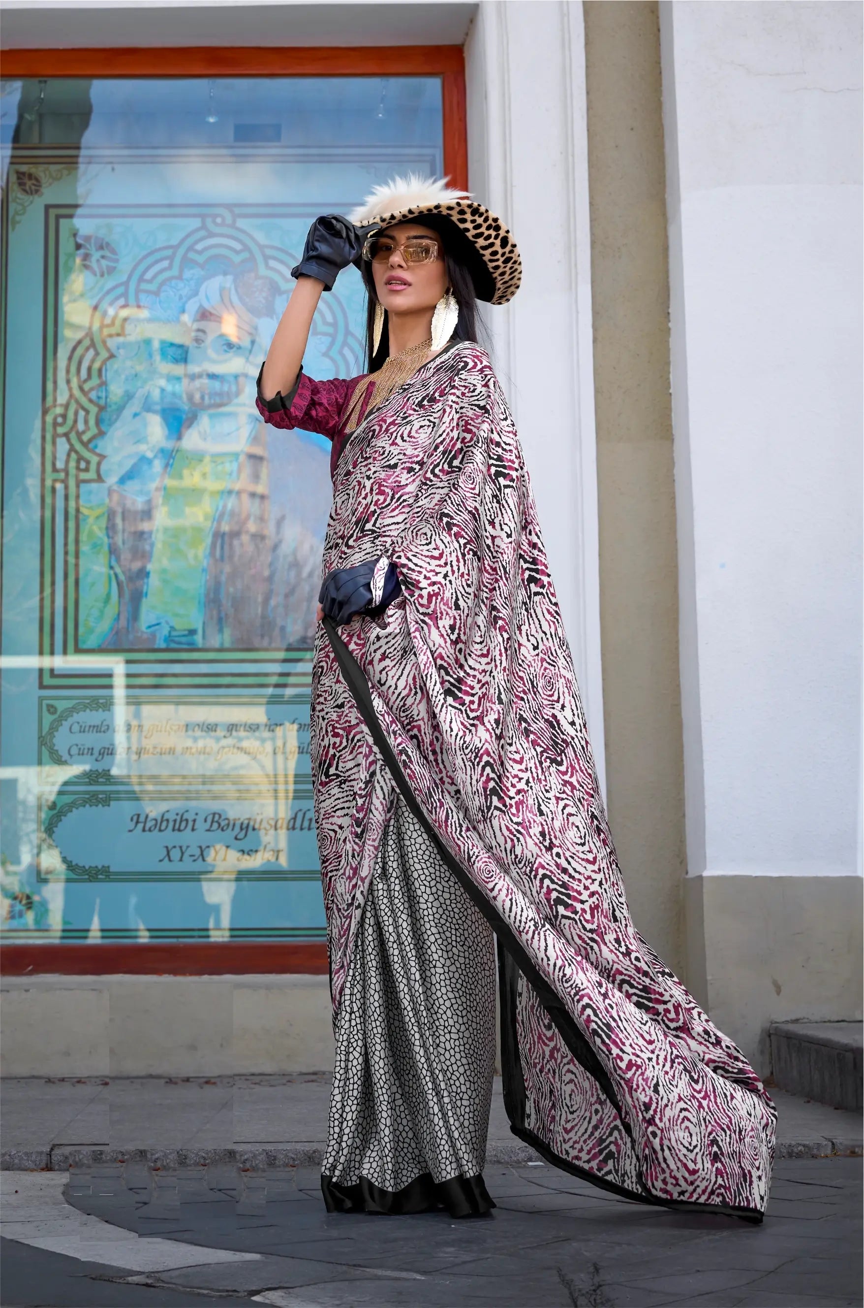 Brick Red Satin Crepe Digital Printed Saree